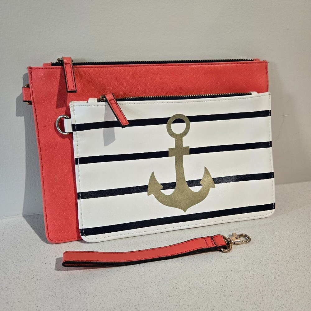 Nautical Striped Anchor Clutch & Coral Pouch Set